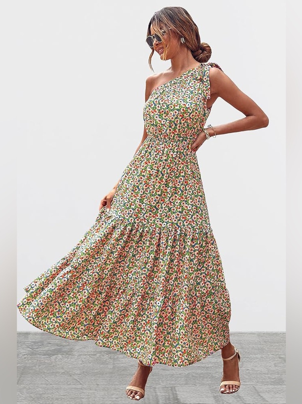 Prettygarden XXL Blue Floral One-Shoulder Maxi Dress,